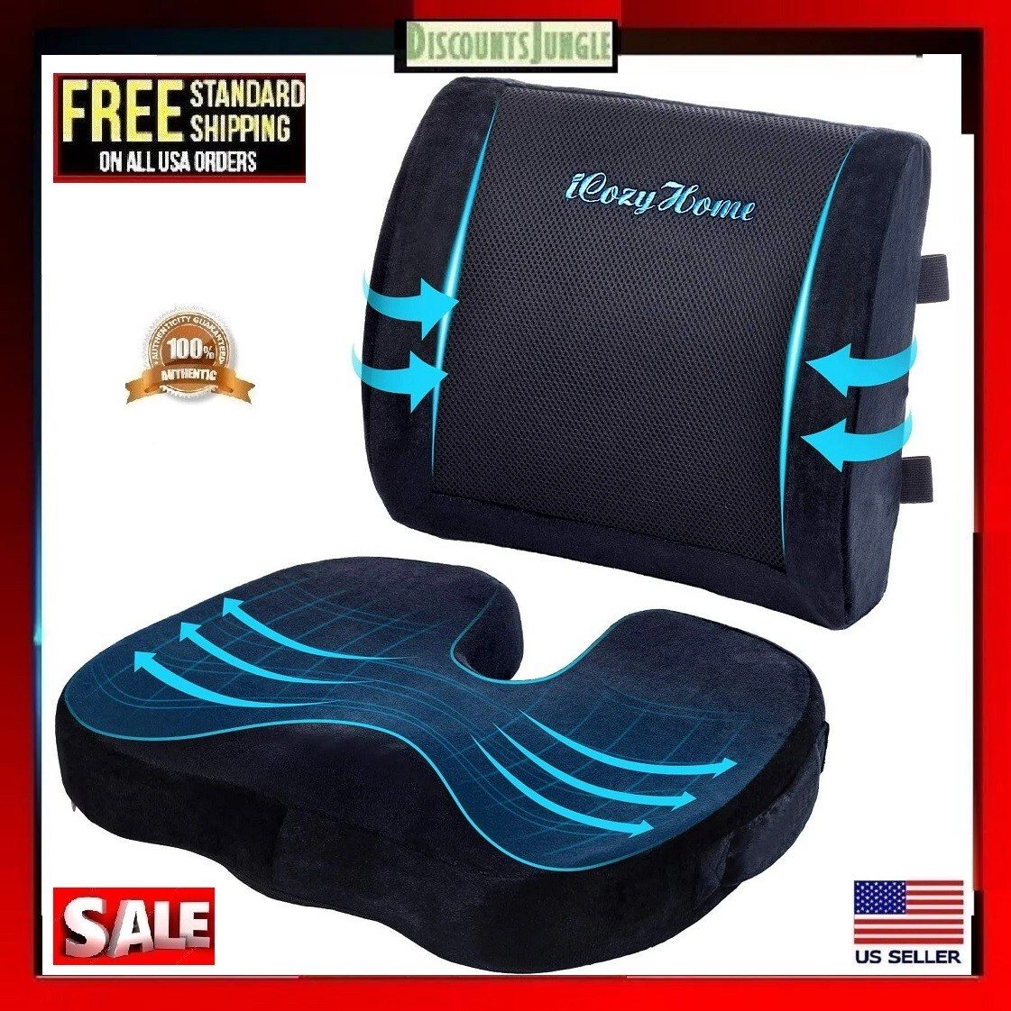 Memory Foam Seat Cushion Lumbar Support Ergonomic Back Support for Office  Car