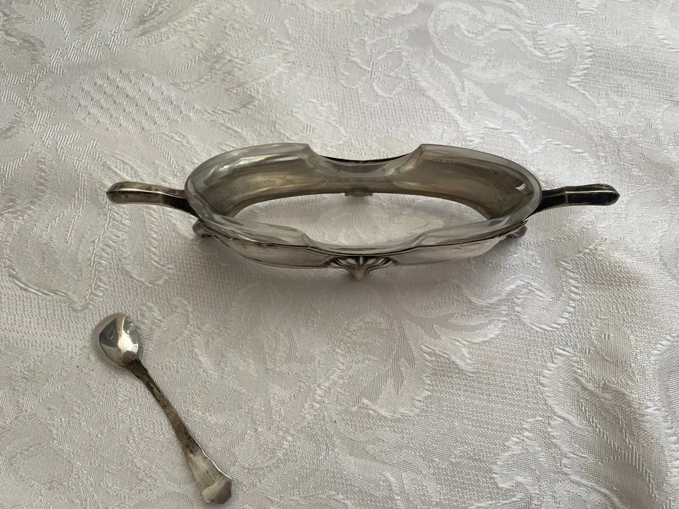 Antigua salina plata con cuchara .800 montura cristal siglo XX Foto 4 de 4