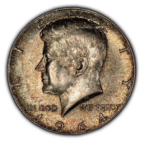 1964 50c Kennedy Silver Half Dollar - Speckled Rainbow Toning - BU - SKU-H2511
