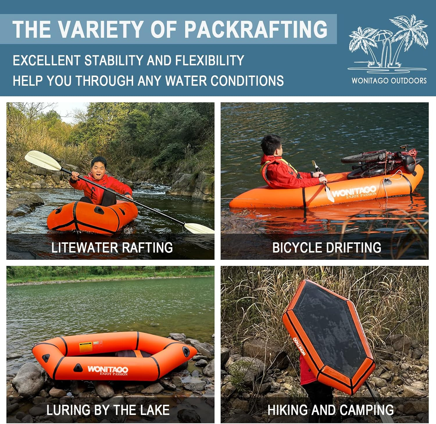 Lightweight Packraft Kayak with Soft Seat for Flat Water Rafting - 1 Person