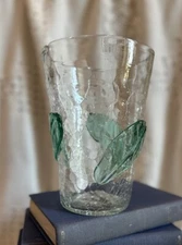 Vintage Blenko 9519S/366SL Glass Vase with Applied Green Leaves, Crackle Pattern