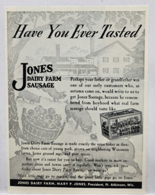 1937 Jones Dairy Farm Sausage Original Print Ad Life Magazine Ft Atkinson WI 30s