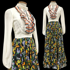 Vintage 1960s Prairie Maxi Dress with Vibrant Florals and Ric-Rac Ruffle Detail