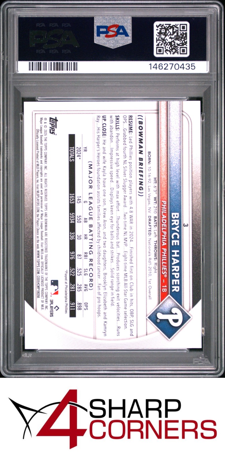 2025 BOWMAN #3 BRYCE HARPER PHILLIES PSA 10 view 2