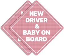 New Driver and Baby on Board Car Sign - Sticker or Pink, See-Through Sticker