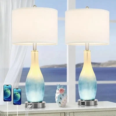 26In Tall Glass Table Lamps Set of 2 with 2 USB Charging Ports & LED Nightlight,