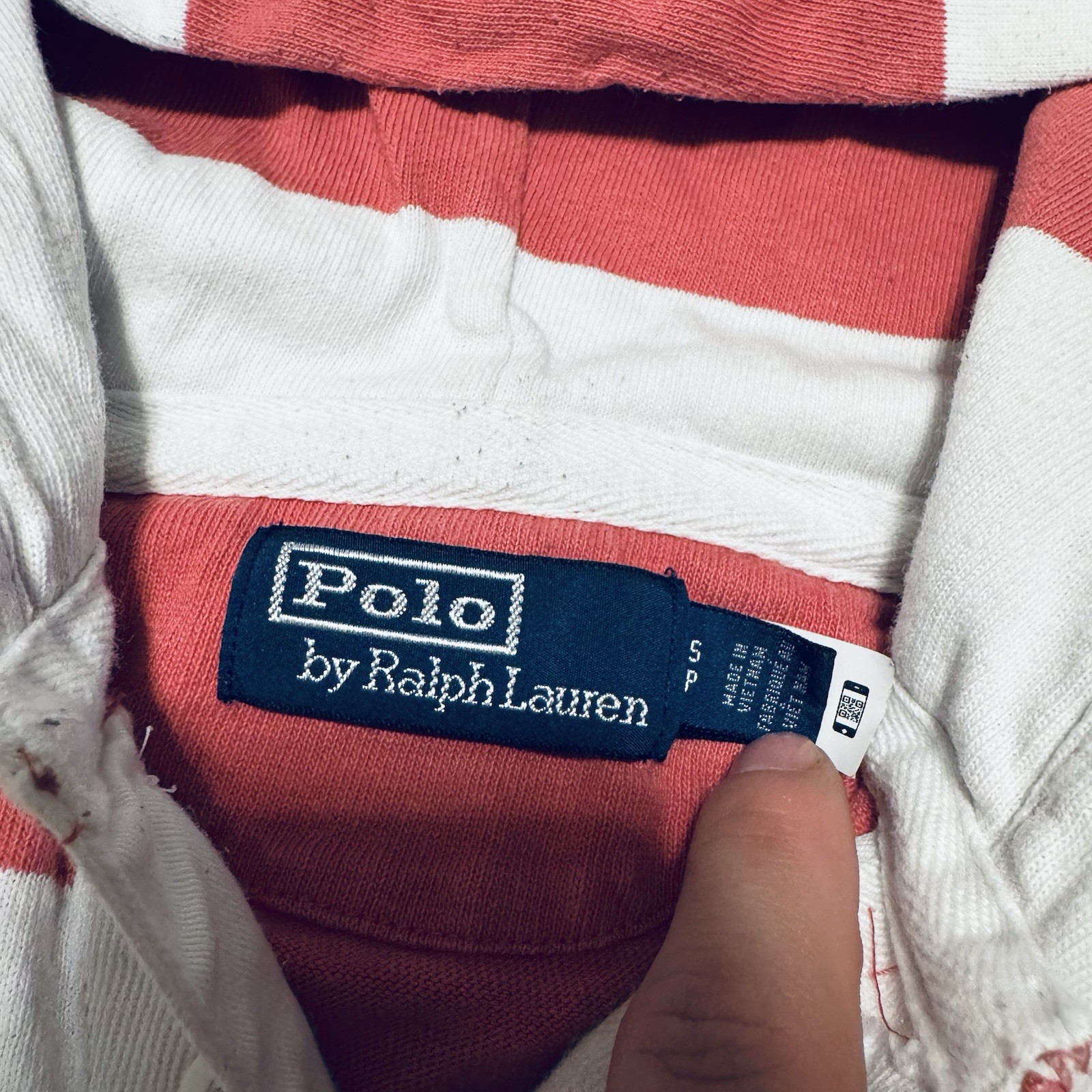 Polo Ralph Lauren Mens Small Striped Jersey Hooded Rugby Shirt Hoodie Pink RARE image 4