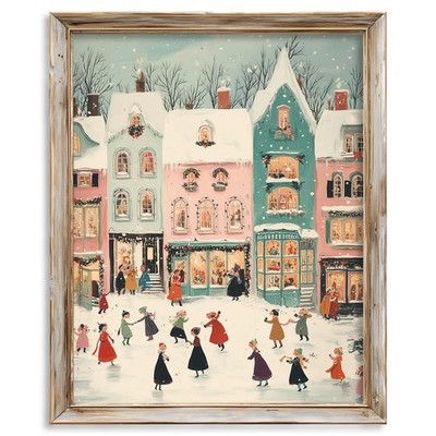 Christmas Town Winter Village Print, Whimsical Ice Skating Scene Holiday Wall...