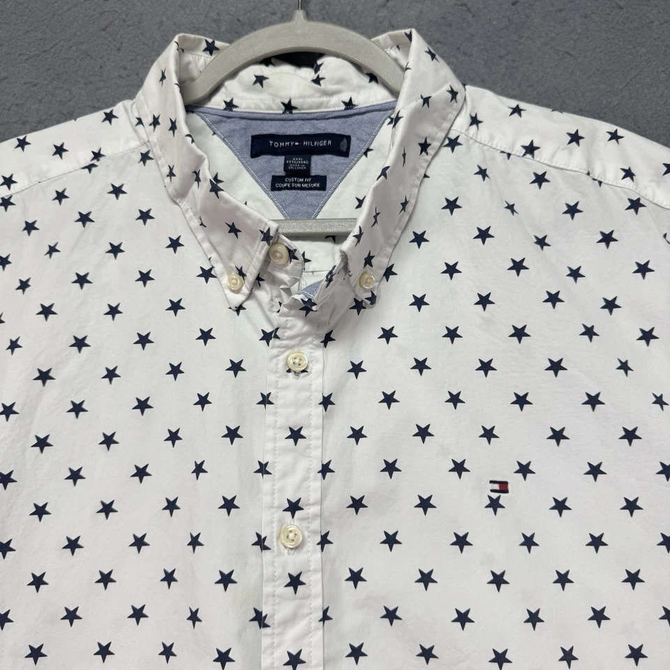 Tommy Hilfiger Shirt Adult 3XL White Blue Stars Custum Fit Short Sleeve Casual - Image 2 of 4