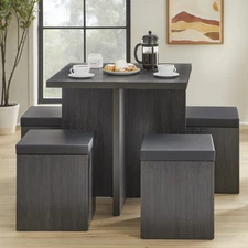 Modern Kitchen 5 Pc Dining Kitchen Set Table Padded Storage Ottoman Stools Gray