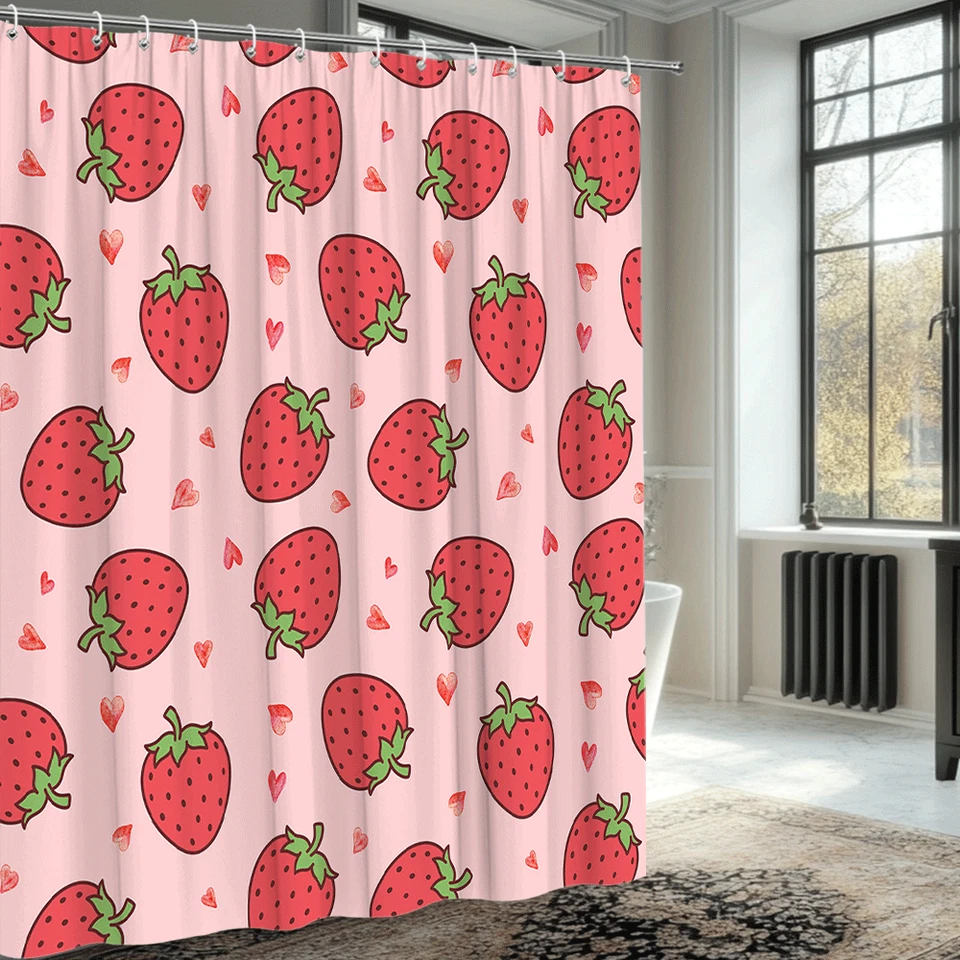 Pink Strawberry Shower Curtain, Cute Fruit Design Washable Bathroom Decor - Image 4 of 4