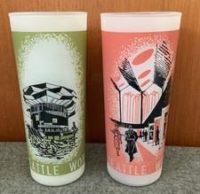 World&rsquo;s Fair Seattle 1962 Frosted Glasses Set Of 2 Vtg Tumblers Glass