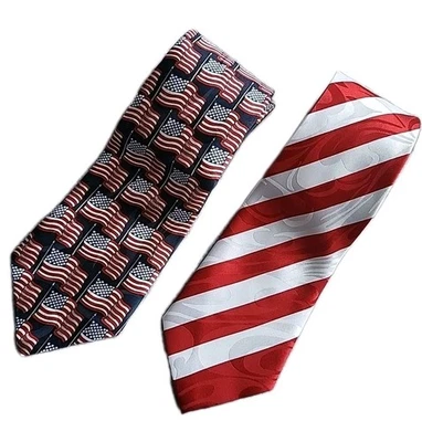 USA Flag Neck Tie Hand Made American Patriotic Stars & Stripes Necktie Lot Set 2 - Image 1 of 4