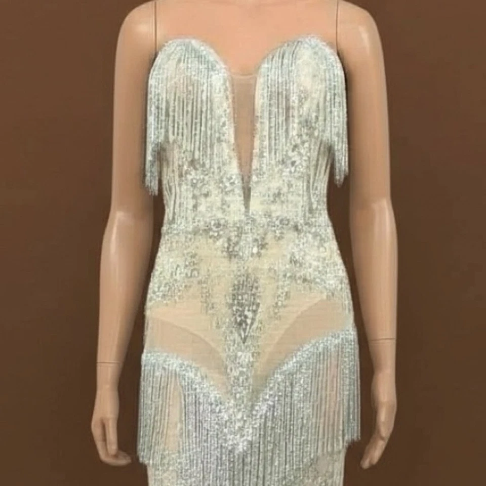 Maxi Vestido Moda Nova Plateado Flecos Lentejuelas Malla L — Y2K Glam Deco Sirena Foto 4 de 4