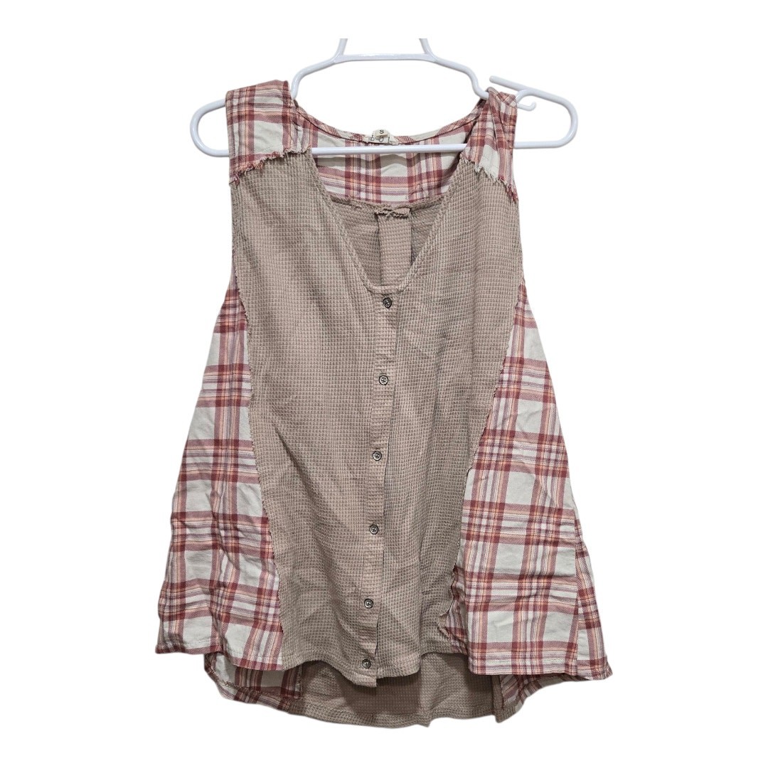 POL Womens Small Patchwork Plaid Button Front Tan… - image 1