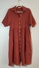 R. Vivimos Dress S 4/6 Clay Orange Cotton Gauze Button Up Short Sleeve
