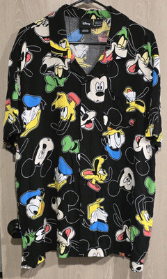 DISNEY Friends Button Front Shirt Men's XXL Black Multicolor Graphics 100% Rayon