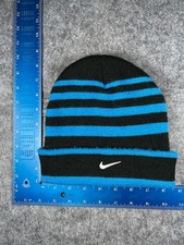 Nike Beanie Toque Youth One Size Black Blue Stripe Knit Acrylic Swoosh Logo Ski