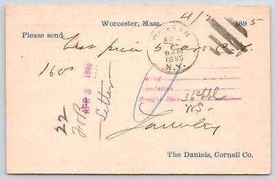 1895 The Daniels Cornell Co Worcester MA Postcard