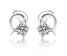 Sterling silver Dolphin CZ stud earrings marine jewelry Gift USA seller PE24