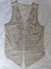 Chico's Collection Linen Ecru Studded Crochet Lace Open Front Vest Sz 0