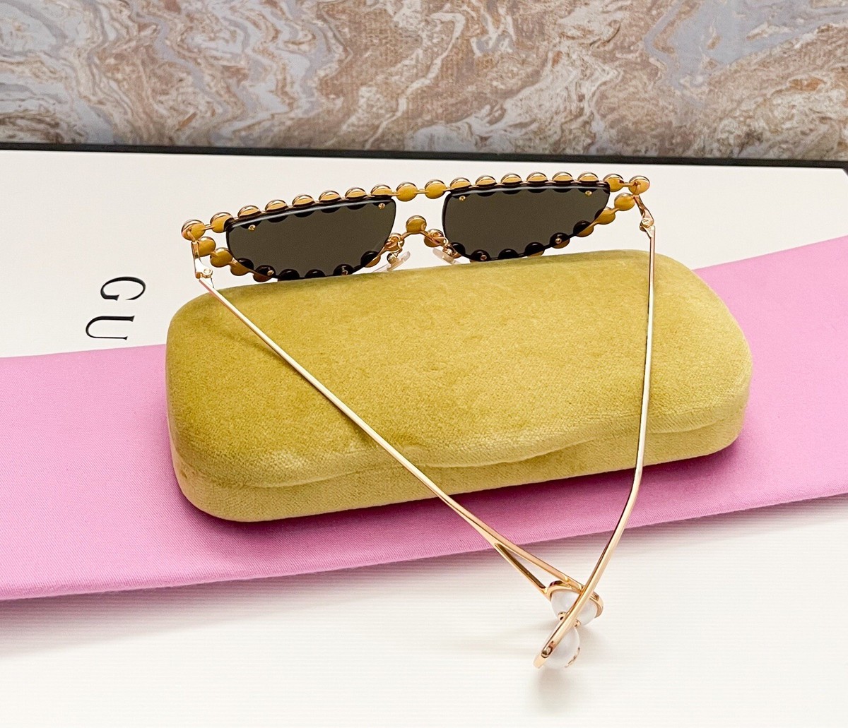 Gucci Metal Pearl Cat Eye GG0364S Gold Sunglasses | eBay