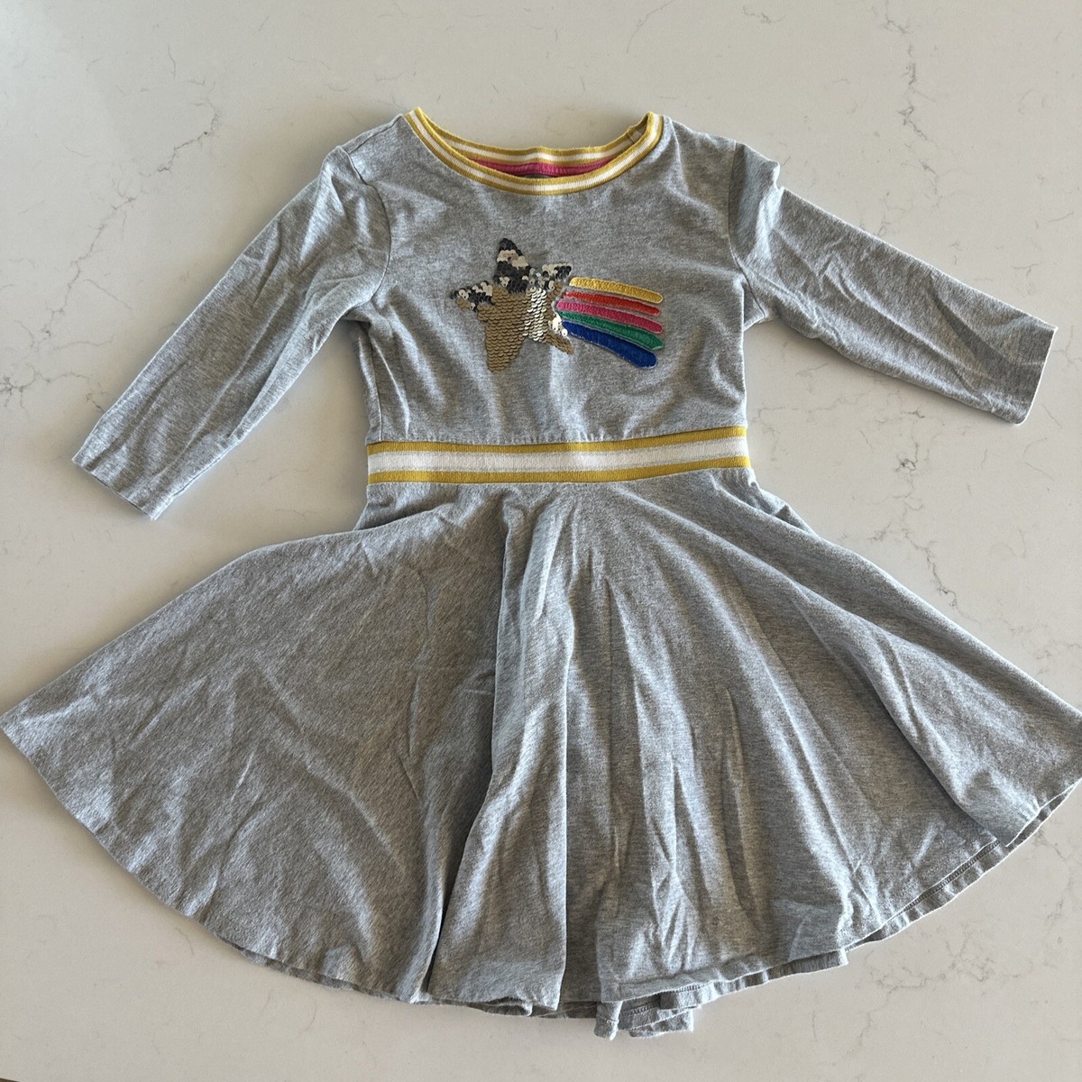 Boden Girls Size 6-7 Star Twirl dress, 3/4 Sleeve Gray With Gold Sequin Star