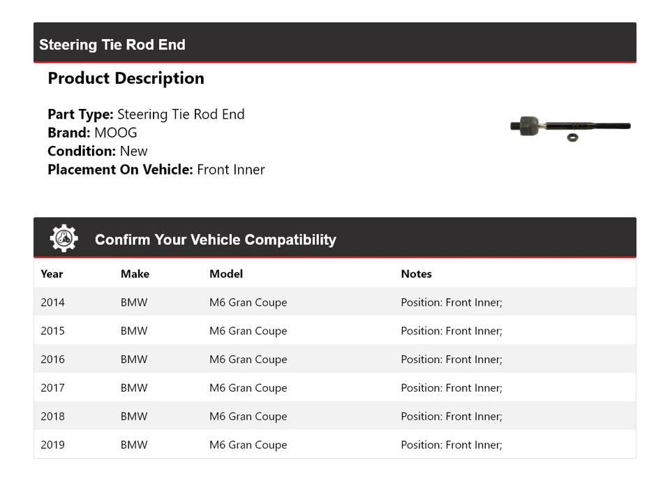 BMW M6 Gran Coupé 2014-2019 extremo de barra de dirección interior delantero MOOG 2014 2015 Foto 2 de 4