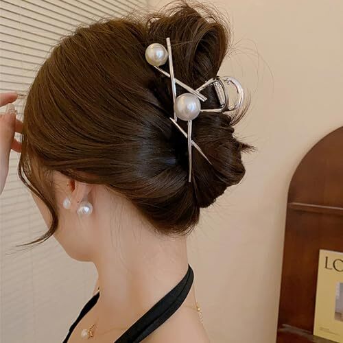 Silver Hair Clips Metal Claw Clips for Women Banana Clip Pearl Hair F - Picture 6 of 7