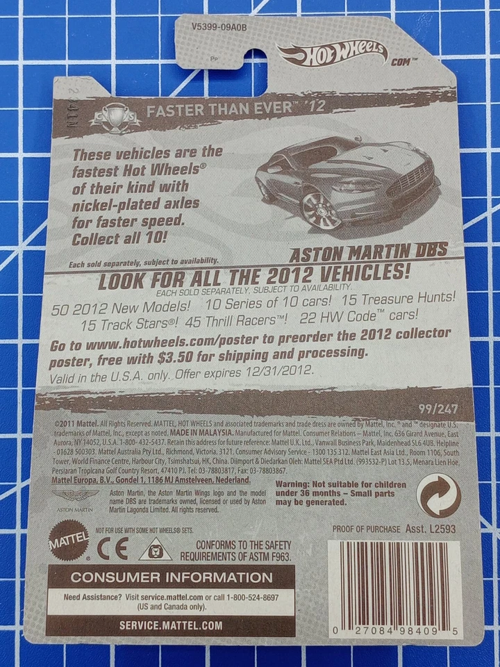 Hot Wheels FASTER THAN EVER '12 ~ ASTON MARTIN DBS (Red) (99/247) V5399 New! - Image 3 of 3