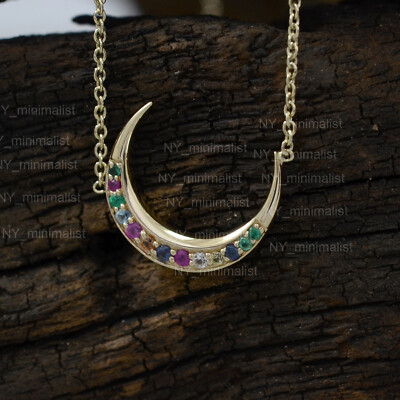 Halbmond Mond Multi Saphir Edelstein Diamant Anhänger Halskette 14K massiv Gold