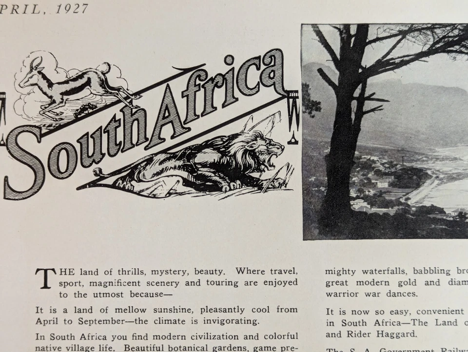 Anuncio impreso antiguo original de publicidad de la Oficina de Turismo de Sudáfrica 1927 #3 Foto 2 de 2