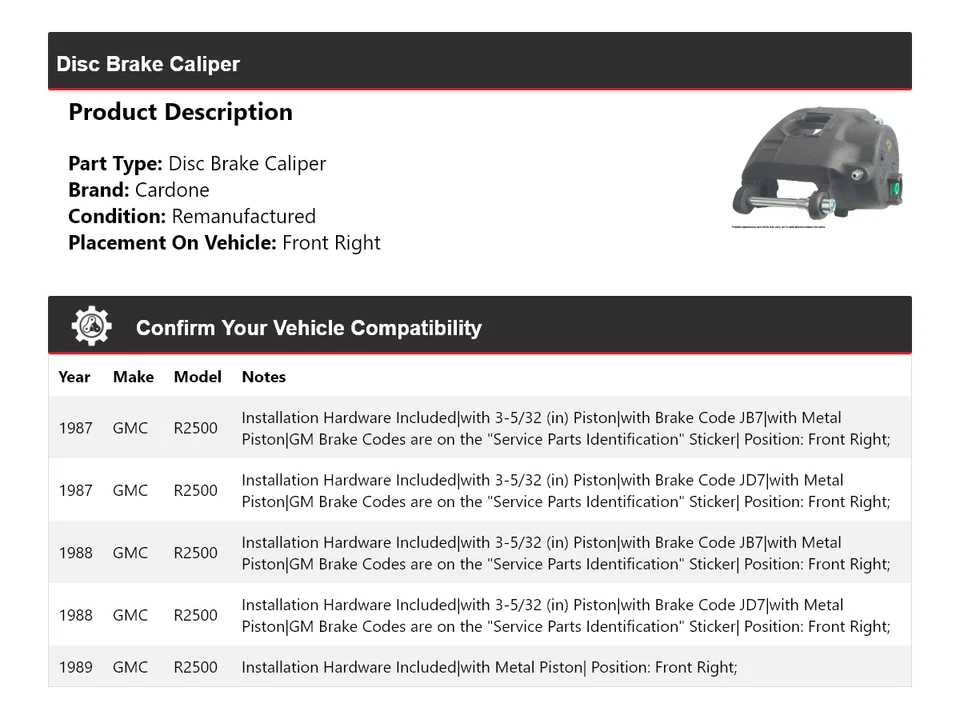 Pinza de freno de disco delantera derecha Cardone 1988 para GMC R2500 1987-1989 Foto 2 de 4