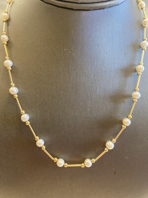 Schöne 14K massive Gelbgold 6mm weiße Perle & 14K Perlen Halskette 18'' , 6gr