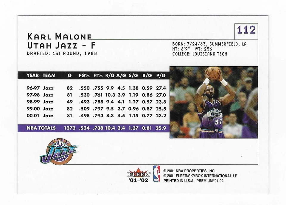 2001-02 Fleer Premium Karl Malone Utah Jazz Basketball Card #112 HOF - Image 2 of 2