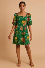 Vtg 70s Does 30s Dress M Whimsical FLORAL Print CHIFFON Puff Sleeve ROMANTIC TEA