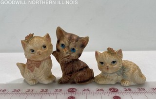 3 Vintage Ceramic Porcelain Cat Kitten Figures