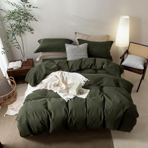 Linen Feel Olive Green Duvet Cover Queen (90" x 90") Olive Green(no Comforter)