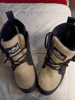 Polar Girls Black Beige Lace-Up Snow Boots Zipper Lined Wedge Ankle Round Toe
