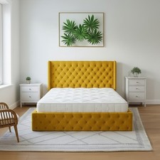 Mustard Plush Sleigh Bed Frame with Chesterfield Wingback Headboard & Footboard