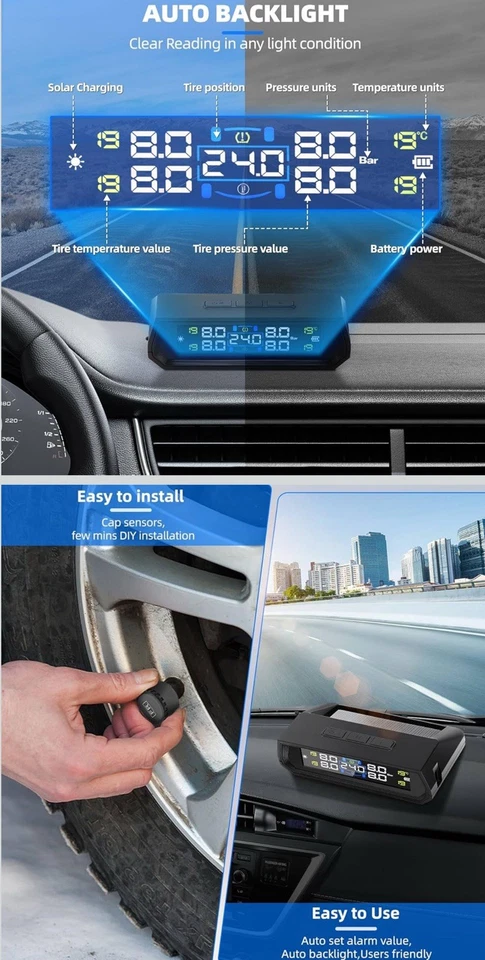 Wireless Solar TPMS LCD Car Tire Pressure Monitoring System + 4 External Sensors - Image 3 of 4