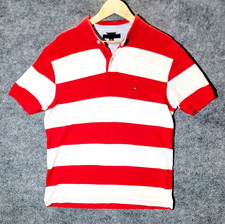Tommy Hilfiger Red/White Striped Polo Shirt L Short Sleeve Cotton Logo Y2k