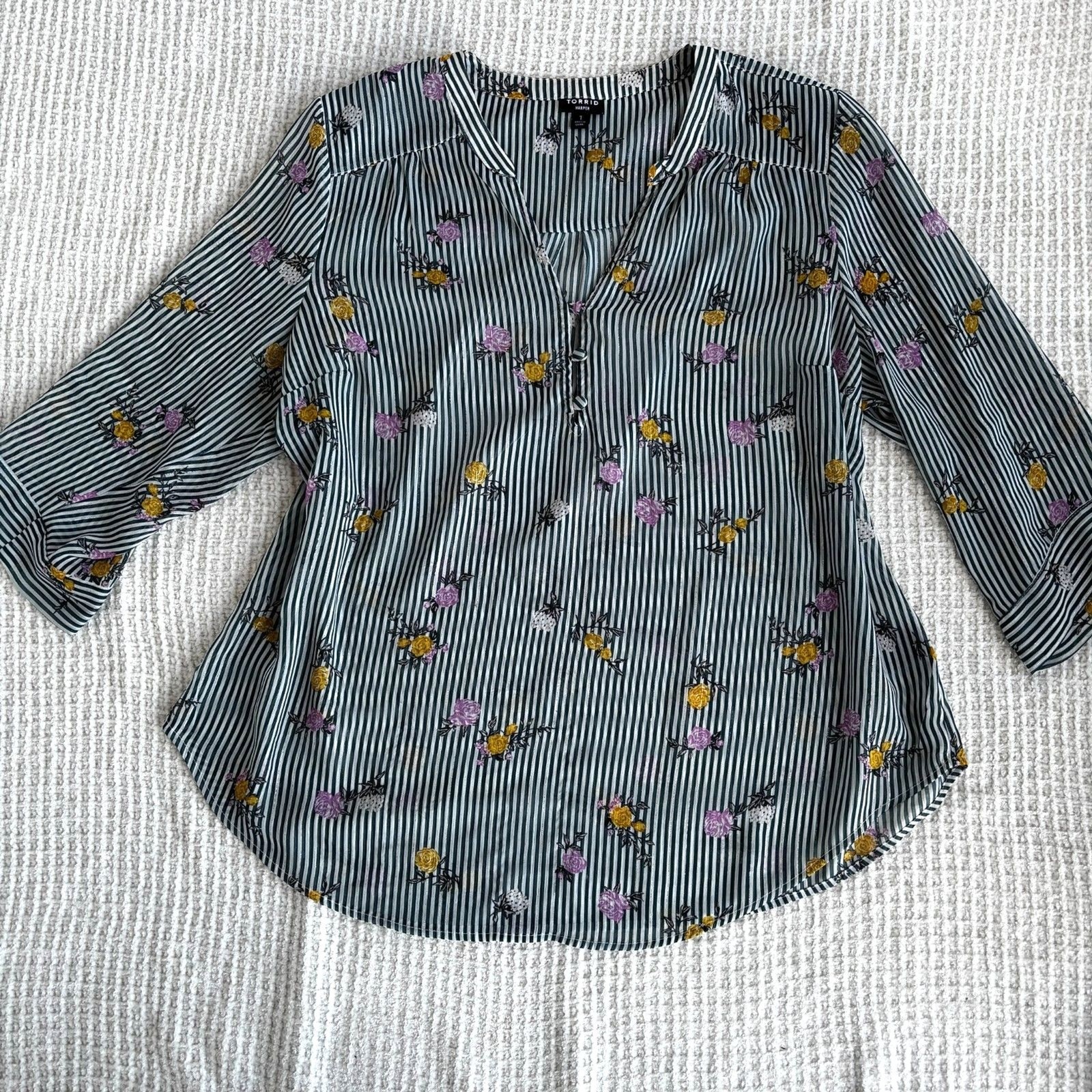 Torrid Harper Floral Striped Split Neck Sheer Blouse Long Sleeve Size 1(1X)
