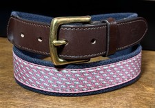 Vineyard Vines Brown Leather Ends Canvas Ribbon Belt Sz33-34 1-3/8 Wide Brass VG