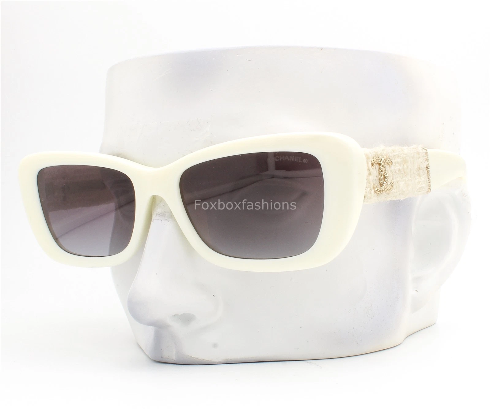 Chanel Sunglasses ch5514A 1255/S6 Creamy White Tweed Gold CC Logo w/case NWT