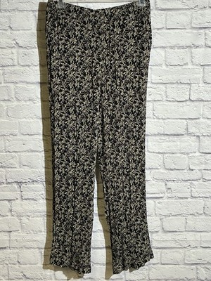 Monterey Bay Clothing Co Womens M Rayon Flare Pants Black Cream Floral Boho 90s