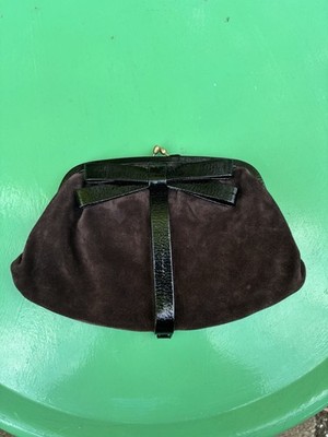Authentic Moschino Chocolate Brown Suede Clutch Purse With Black Leather Bow