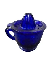 Cobalt Blue Glass Depression Style Juicer Reamer & Measuring Cup, Vintage, Bowl