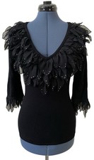 VTG Womens Black Rhinestone Ruffle V Neck Knit Top Whimsigoth Witchy Fairy Y2K S