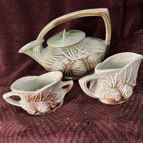 1950s McCoy Green And Brown Pinecone Teapot Set, w/ Sugar Bowl & Creamer READ